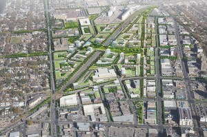 Perkins+Will's design for a residential district in downtown Saskatoon includes a park bridging over a working rail corridor. Perkins+Will