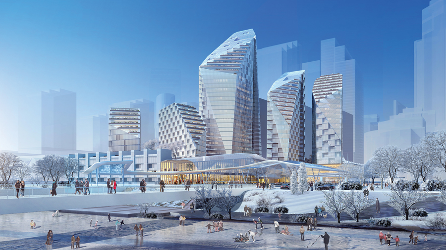 Developed with the Marc Boutin Architectural Collaborative, the design for the new Eau Claire Market district in downtown Calgary optimizes residents' views to the Bow River and maximizes daylight for a public plaza and for existing buildings. Perkins+Will