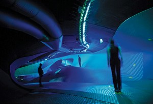 Lars Spuybroek's H20expo, a visitors' pavilion in the Netherlands, used interactive sound, lighting and curved surfaces to immerse visitors in an abstract representation of flowing water.