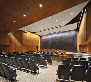 The Council Chamber's head table folds away for easy conversion into a performance space when meetings are not being held.