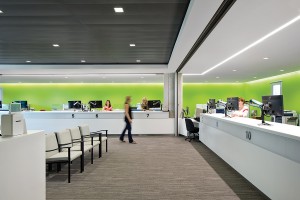 Counters adjacent to the atrium allow for easy access to city services.