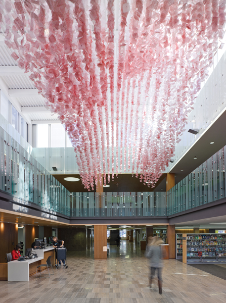 An installation by Moss & Lam is made of 20,000 pages, hand-silkscreened with text in different languages.