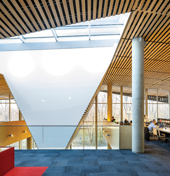 Skylights illuminate the unique geometric volume.