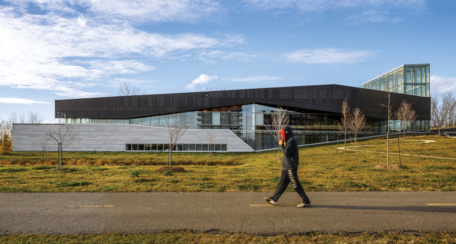 The long, linear volume of the library spreads across the site. A glass tower marks the main lobby, adjacent to an outdoor plaza and walkway that provides pedestrian access to the forest trails beyond.