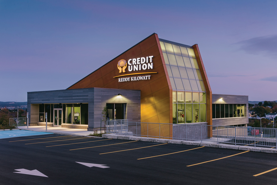 A credit union by Lat49 uses an A-frame to negotiate a sloping site. Photo by Nate Gates
