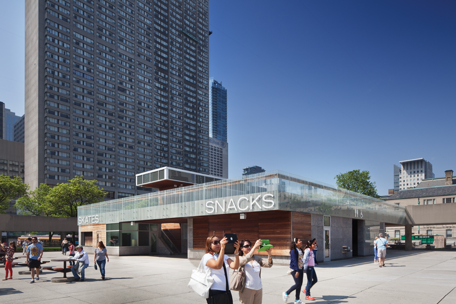 A new pavilion provides amenities including public washrooms, a snack bar, and a skate rental counter.