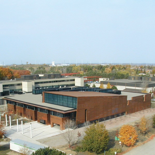 Completed in association with RDH Architects, the ARC building (2003) formalizes a pedestrian spine and frames a new courtyard, helping to urbanize the University of Toronto’s suburban Scarborough campus. Photo by Dan Herljevic