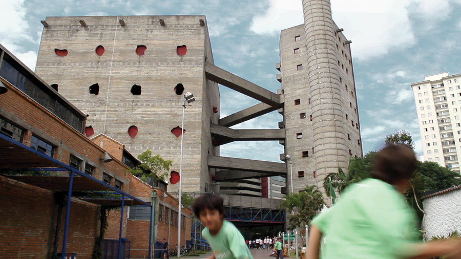 A still from Tapio Snellman's film SESC Pompeia depicts urban life in and around Bo Bardi's monumental building.