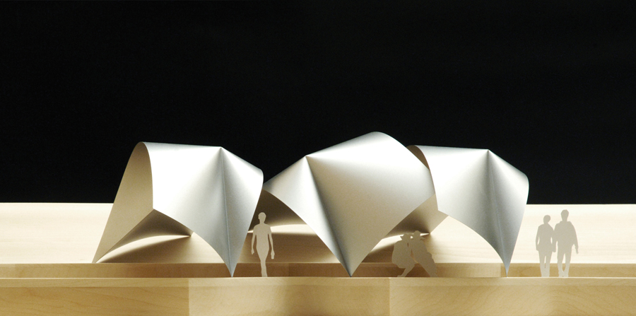 Elevation of Garden Naum, a pavilion made from a cluster of three vaults.