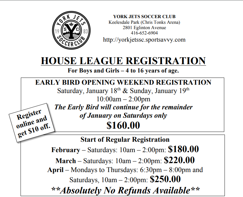 Register for the 2020 House League Season Online and Save!