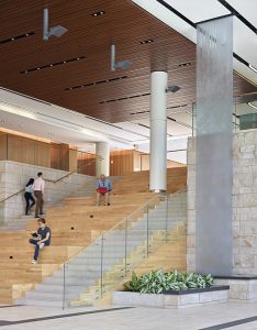 Common throughout is a material pallet of stone and wood as well as fountains and planting features that link elevated spaces back to the original ground plane entry spaces. Photo: Shai Gil