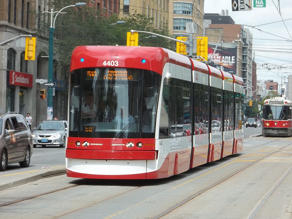 Built by Bombardier, Toronto's new Flexity streetcars have experienced continued maintenance problems as new vehicles have been slow to arrive. Public Domain image via Wikimedia Commons.