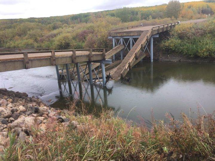 The Dyck Memorial Bridge has mysteriously collapsed in rural Saskatchewan. Photo by Duane Hicks / The Canadian Press.