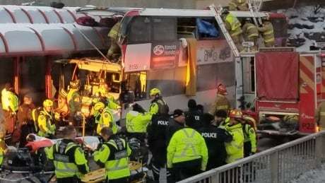 Three people were killed and nearly two dozen injured in a collision involving an OC Transpo double-decker bus at Westboro station on Jan. 11, 2019. Photo by Jean-Pierre Lafleur via Twitter.