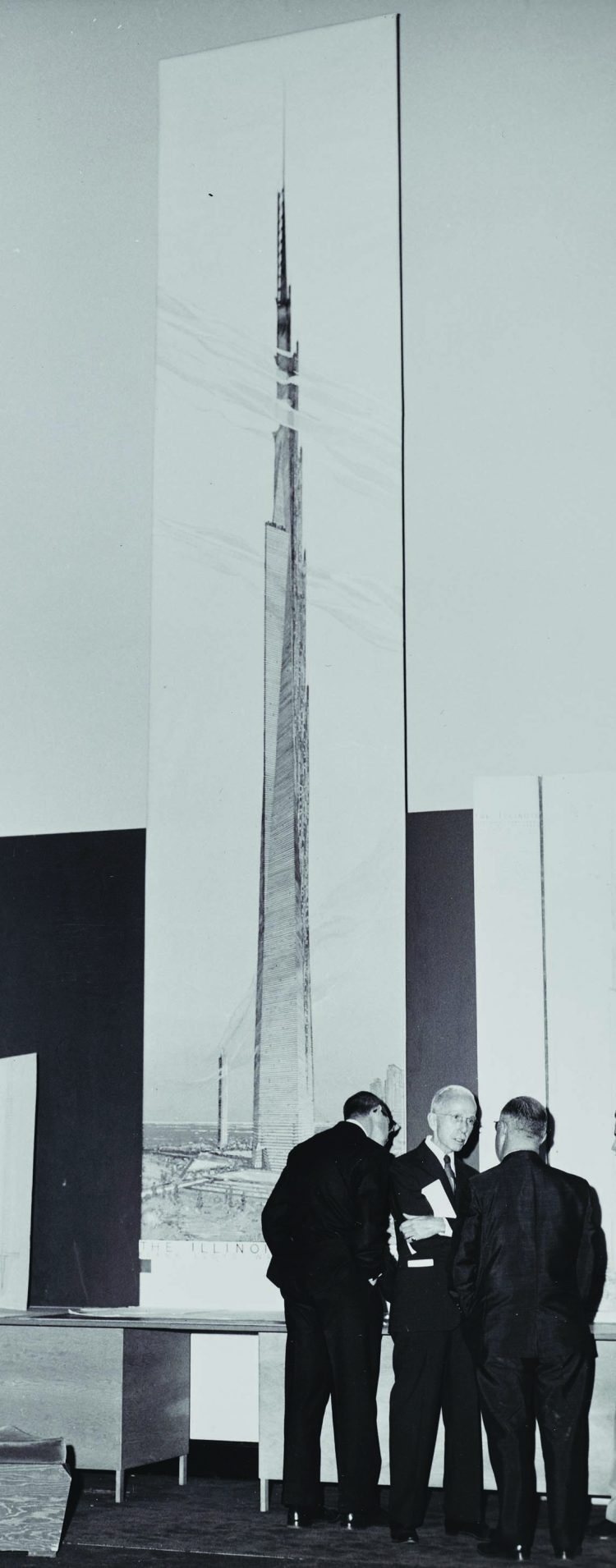 Detail of 1956 press conference unveiling Chicago's proposed Mile-High Tower