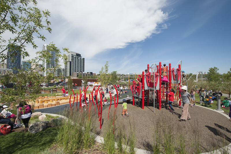 baby, Designed by Stantec, the Crossroads playground in Calgary's East Village is an exemplar of infant- and child-friendly design, with padded terrain and a variety of settings that invite exploration. Courtesy of CMLC.