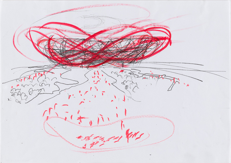 Jacques Herzog (Swiss, born 1950). National Stadium, Bejing, China. 2002. Sketch. Pencil and collage on paper, 11 11/16 × 16 9/16″ (29.7 × 42 cm). The Museum of Modern Art, New York. Gift of the Jacques Herzog and Pierre de Meuron Kabinett. Photo © Imaging and Visual Resources, MoMA, NY