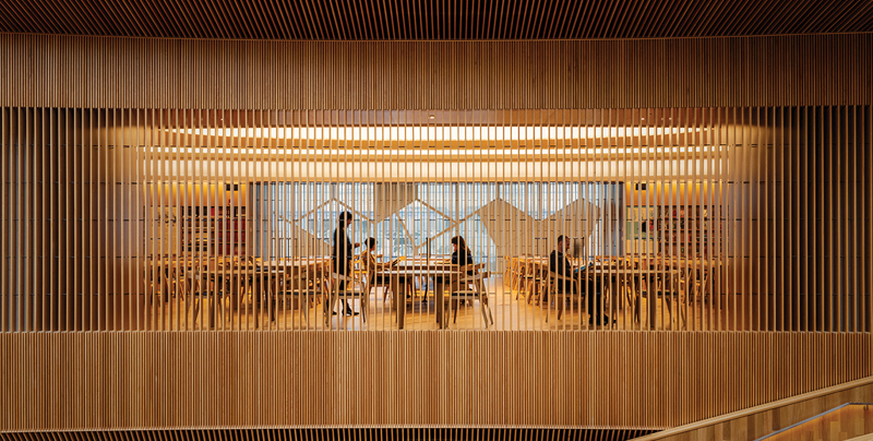 The childrenÕs library cascades down several levels, creating a variety of areas for playtime and storytime with smaller groups.