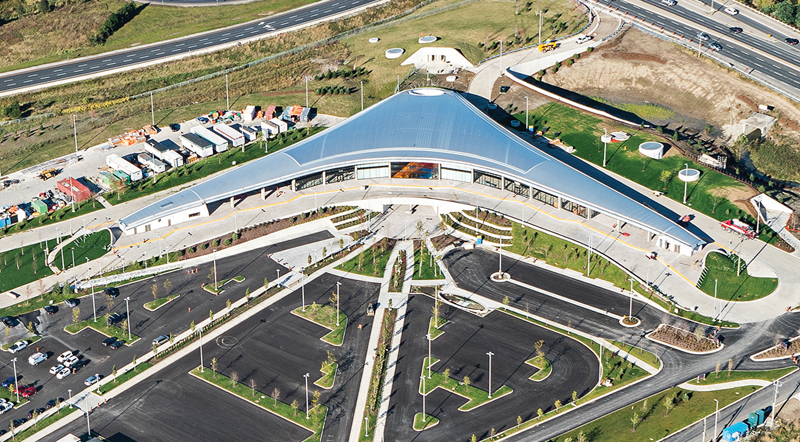 Highway 407 Station, by AECOM with Aedas, is a three-cornered structure sited to serve the future 407 Transitway.