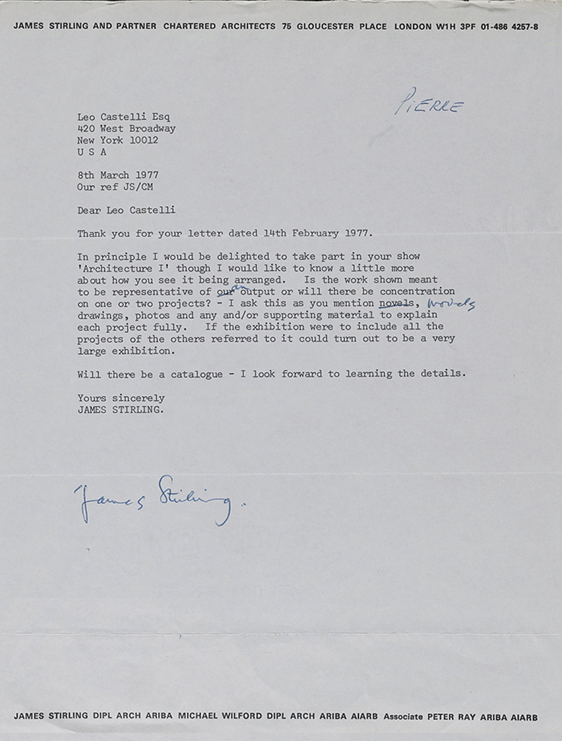 The exhibition includes a range of ephemera, including this letter from James Stirling to gallery owner Leo Castelli detailing his concerns over how his materials would be presented in the 1977 Architecture I exhibition.