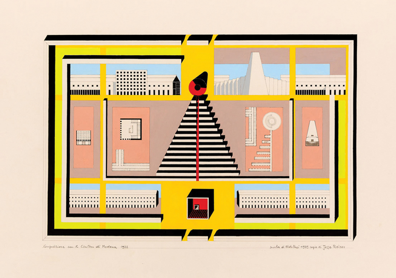 While interning with Aldo Rossi, Jesse Reiser was asked to make this copy of RossiÕs iconic composition with the Modena Cemetery. It was hand-drawn and coloured, working from the film positive for the original blueprint.