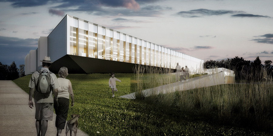 An exterior pathway echoes the sloping corridors inside, engaging the topography of the site.