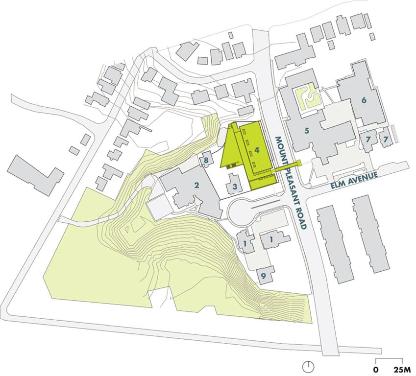 Site Plan 1 student residence 2 Junior School 3 principal's residence 4 Athletics and Wellness Centre 5 Senior School 6 Middle School 7 administration 8 potting shed--ravine dining 9 coach house