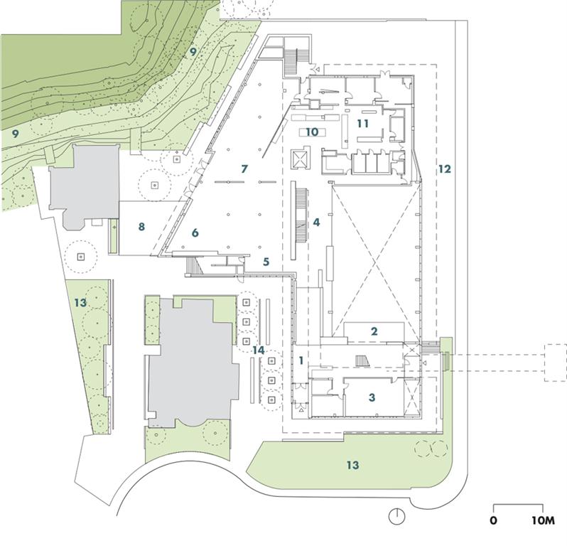 Ground Level 1 main entrance/reception 2 social pod 3 large meeting room 4 concourse/viewing to pool below 5 bistro 6 hearth 7 dining court 8 dining court terrace 9 renaturalized top of bank 10 servery 11 kitchen 12 bus drop-off and pick-up 13 gardens 14 heritage courtyard