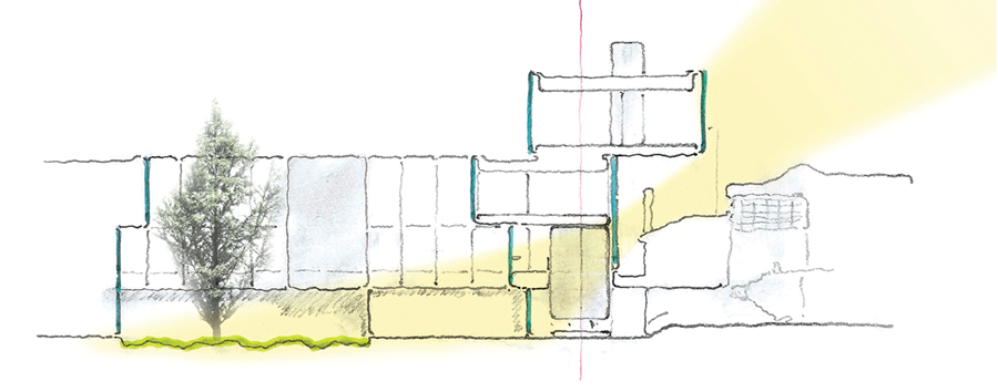 A sketch section studies the entry of natural light to the ground floor living room.