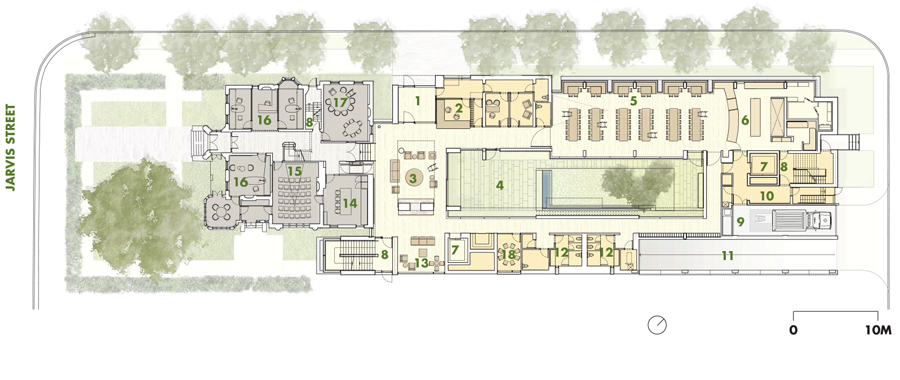 Ground Floor 1 entry 2 reception 3 living room 4 garden courtyard 5 dining room 6 kitchen 7 elevator 8 stair 9 service/receiving 10 secondary entry 11 parking ramp 12 washrooms 13 interactive space 14 community kitchen 15 activity room 16 office 17 therapy room 18 interfaith room