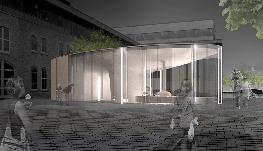 An image of the elliptical pavilion in Guelph's historic civic context.