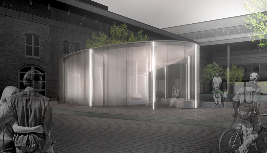 An image of the elliptical pavilion in Guelph's historic civic context.