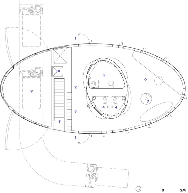 Level 1 1 public entry points to pavilion 2 corridor 3 public lockers 4 washroom 5 barrier-free washroom 6 public lounge space 7 suspended fireplace 8 service stair--access to mechanical spaces 9 Zamboni storage area 10 telecommunications room