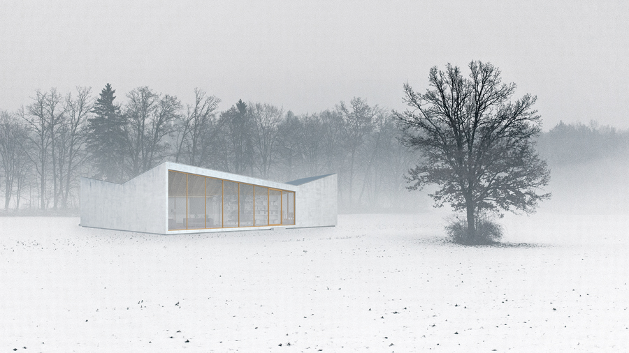 The sculptural form of the residence in its rural context.