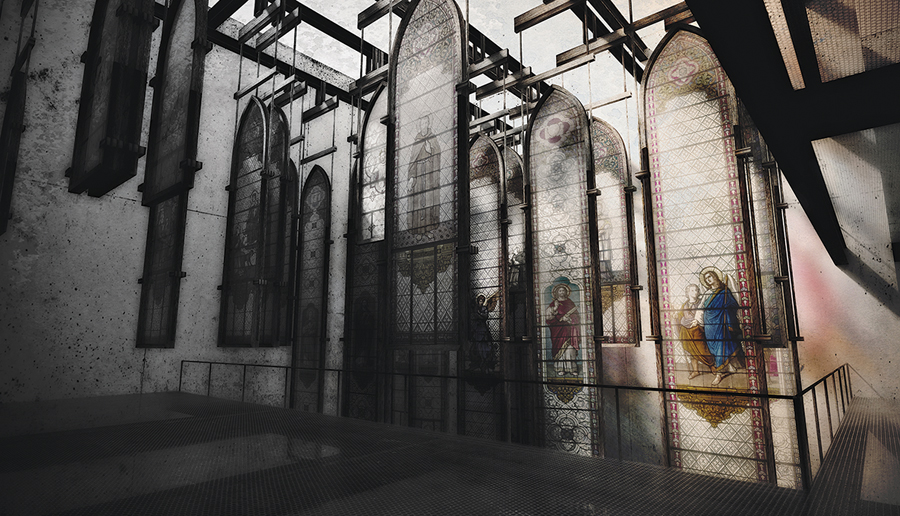 A beautifully rendered image of the glise Saint-Pierre Aptre are dusky evocations of the past life of the Catholic Church, recast into a monument and archive for artifacts.