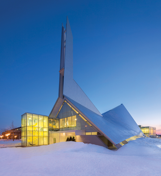 A boldly geometric steeple and roof mark the building's place in Sainte-Foy, west of downtown Quebec City.