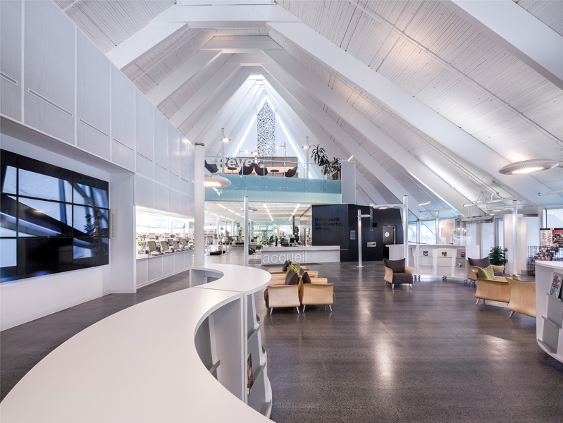 The library's soaring space welcomes visitors.