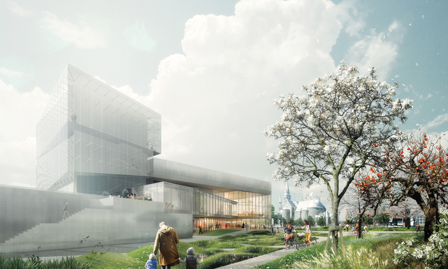 A view from the east, showing the perforated aluminum veil that wraps the building.