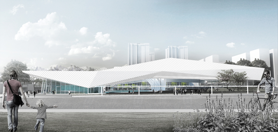 A sweeping roof unites the aquatic centre, while generous south-facing windows provide glimpses of the different program areas within.