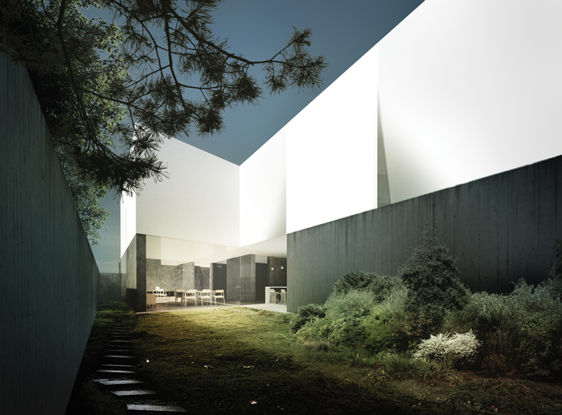 The residence extends the full width of its suburban lot, with courtyards at its edges.