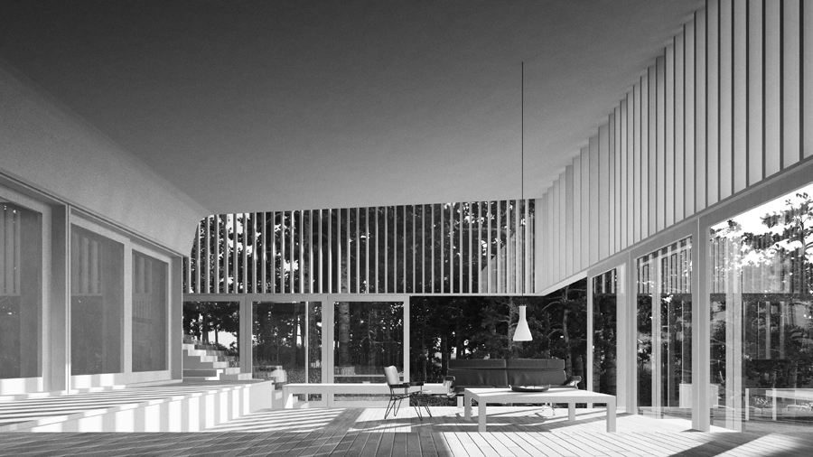 In an earlier iteration of the scheme, wood louvres screen the upper portion of the glazed walls enclosing the main living area.