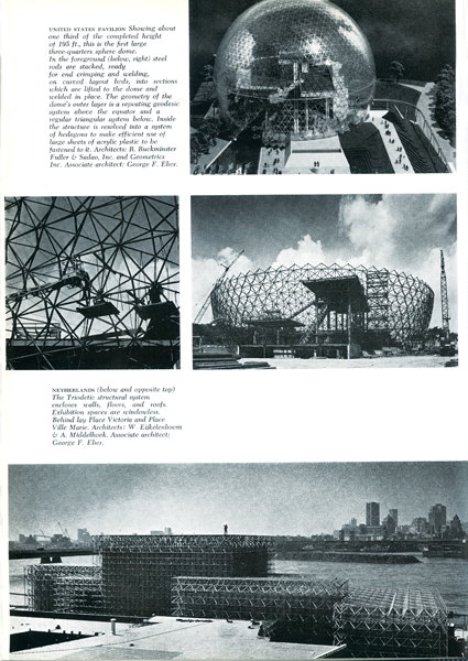 The United States and Dutch pavilions under construction, with Montreal’s Place Victoria and Place Ville Marie visible in the background. Photos by Art James, reproduced from The Canadian Architect, October 1966.