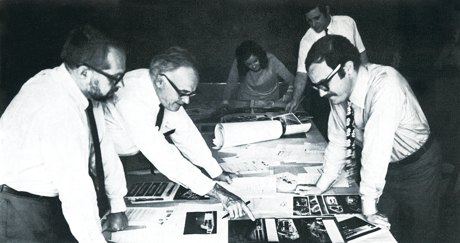 The jury for the 1969 Canadian Architect Awards of Excellence, from left to right: Victor Prus of Montreal, founding editor James Murray, associate editor Patricia Gillespie, managing editor Robert Gretton and Jerome Markson of Toronto. Reprinted from The Canadian Architect Yearbook, 1969.
