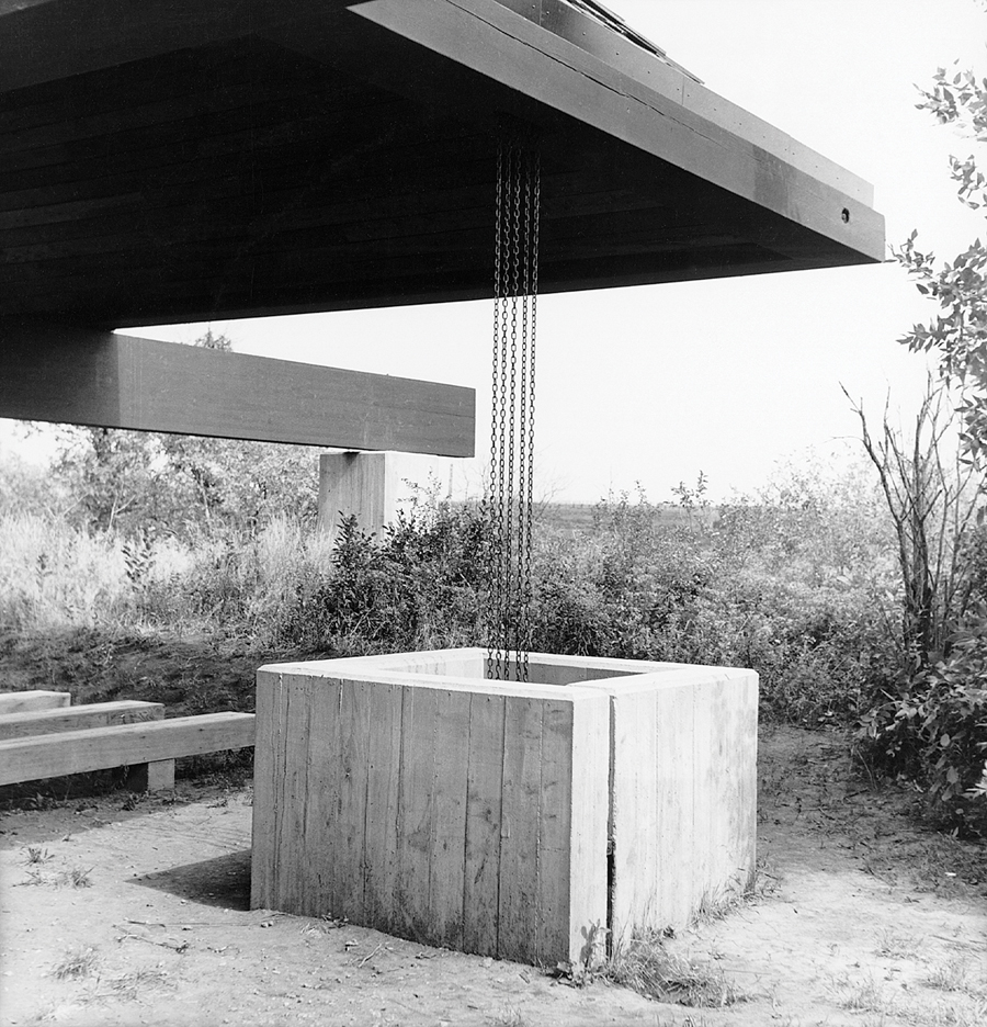 Located in rural Saskatchewan, Clifford Wiens' Silton Chapel features a dramatically cantilevered roof, supported by tension rods at each corner. (Photo: Karl Hinrichs, courtesy of Clifford Wiens. Reprinted from Canadian Architect, April 2006)