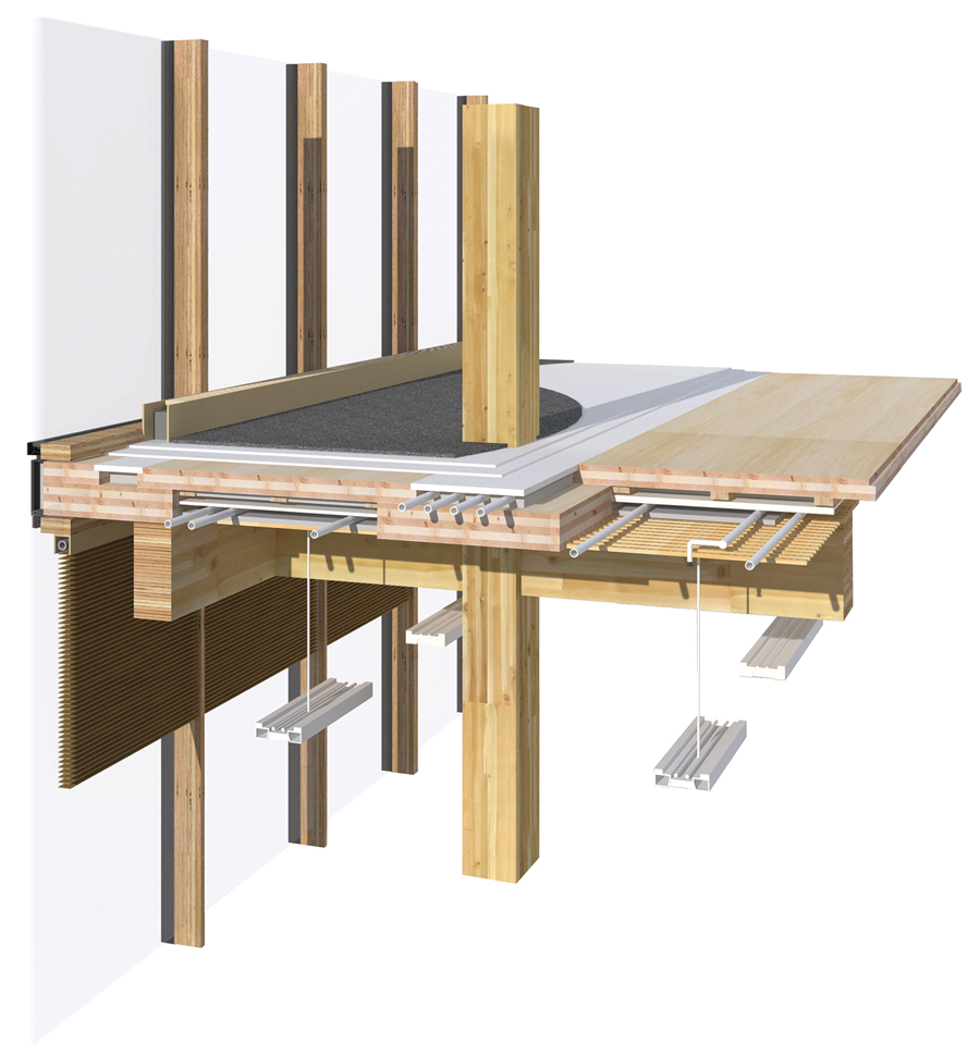 WIDC’s primary structure is an innovative combination of post and beam construction with built-up cross-laminated timber (CLT) floor panels. Glulam beams frame into glulam columns using proprietary aluminium dovetail Pitzl connectors. This allows columns to run continuously from the foundation to the roof, eliminating all cross-grain bearing and shrinkage. Steel connectors are embedded and concealed within the timber elements, which provide the required fire resistance rating. The entire building core, including elevator shaft and exit stairs, is constructed of CLT. The floor assembly is a staggered panel system consisting of overlapping 3-ply upper CLT panels on 5-ply or 7-ply lower CLT panels, joined with HSK epoxy and metal mesh connectors to form a fully composite corrugated structural section. Spanning six metres between the post and beam frames, this wood-only floor system was selected to minimize the use of concrete (and thus weight). The corrugated CLT floor system provides significant acoustic separation while allowing services to be run in the alternating floor and ceiling chases, while the beauty of the wood structure remains exposed.