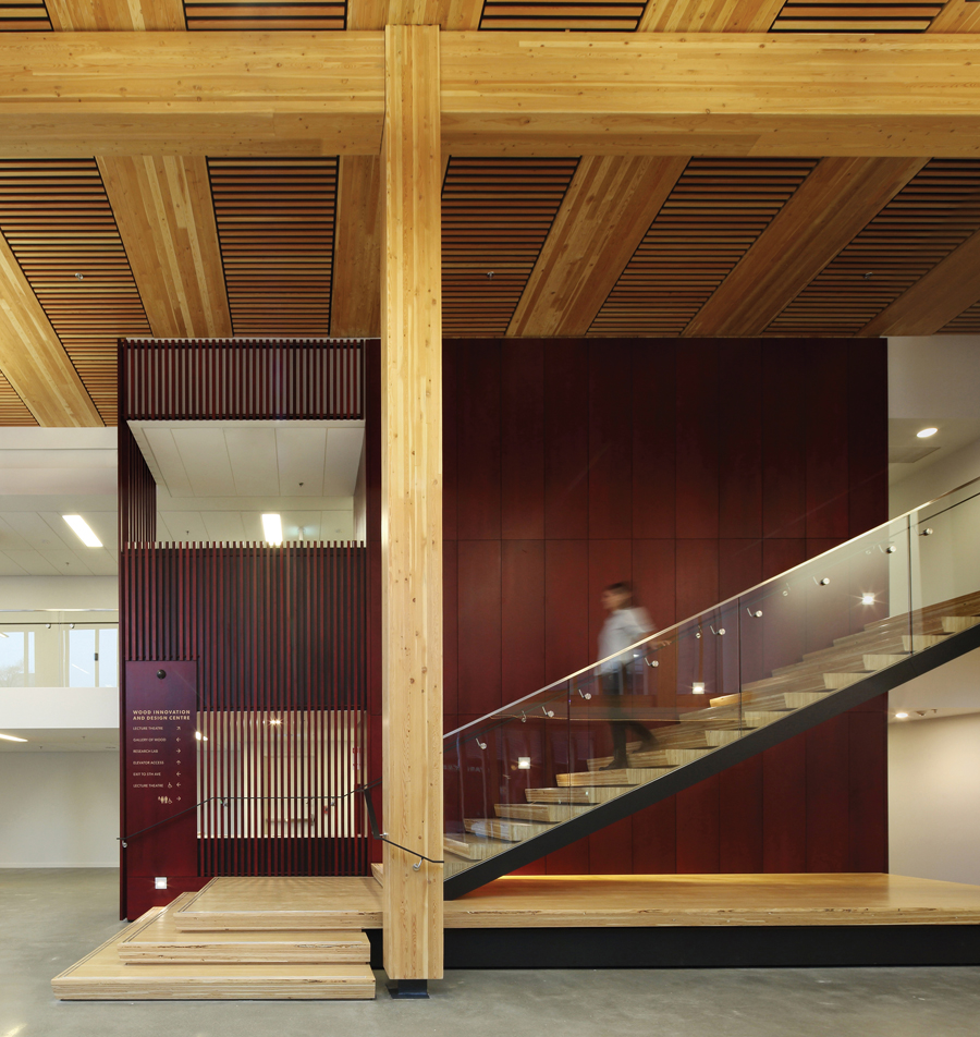 Connections between columns, beams, floors and ceilings and carefully detailed to create a wood-on-wood aesthetic.