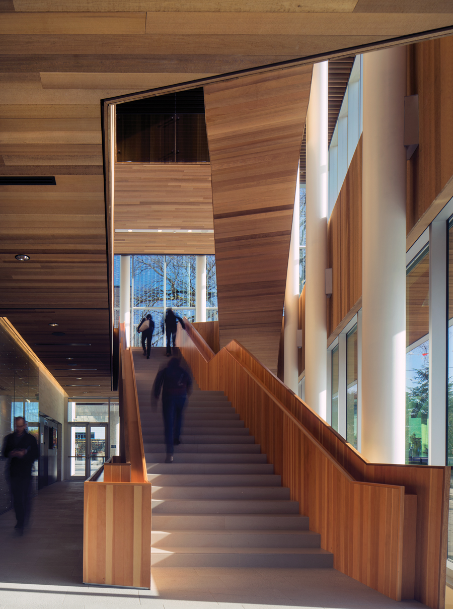 A wood-wrapped stair is an architectural highlight of the Robert H. Lee Alumni Centre. Photo: Nic Lehoux