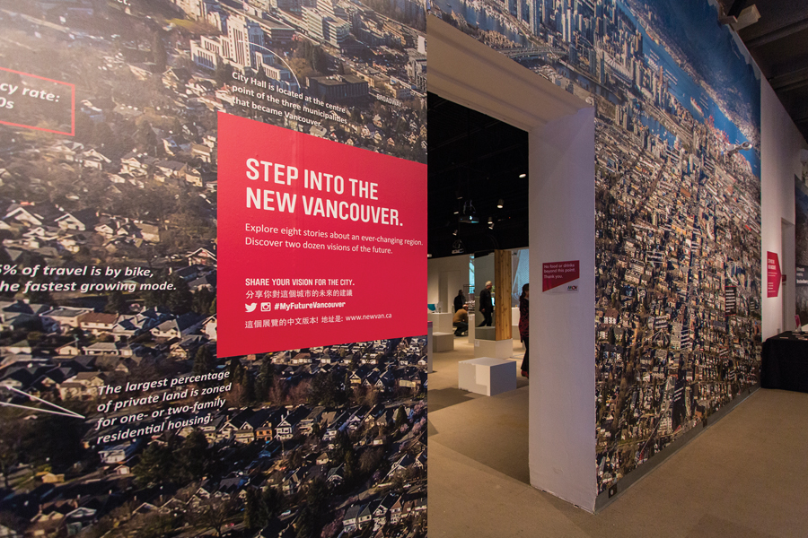 A room-sized aerial photo of Vancouver graces the opening gallery of an exhibition on the city’s future growth at the Museum of Vancouver. (Photo: Flora Gordon)