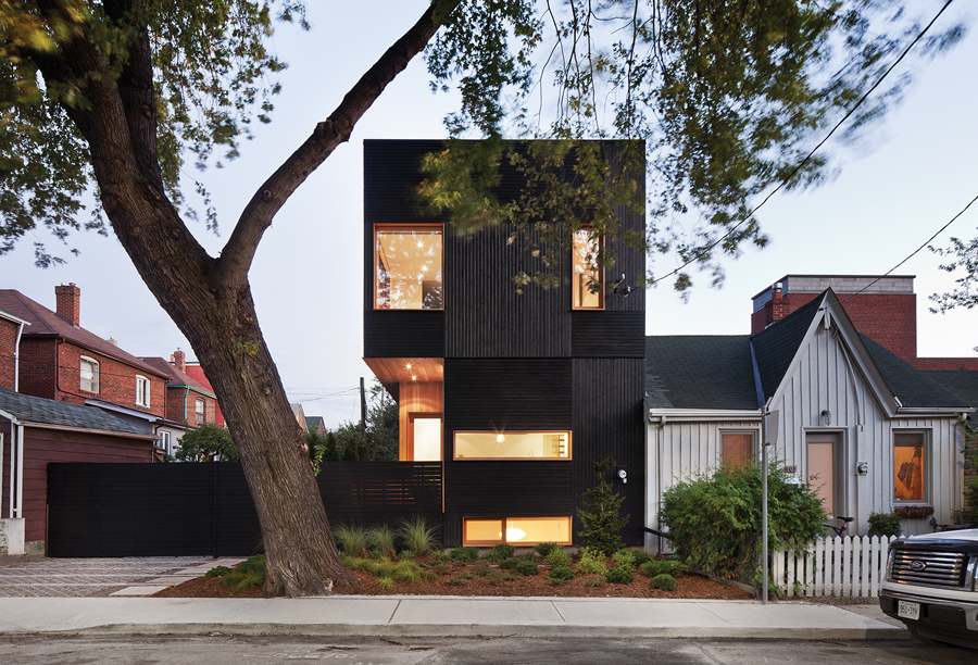MODERNest homes are clad with alternating horizontal and vertical pine panels, here adapted to House 3’s street elevation.