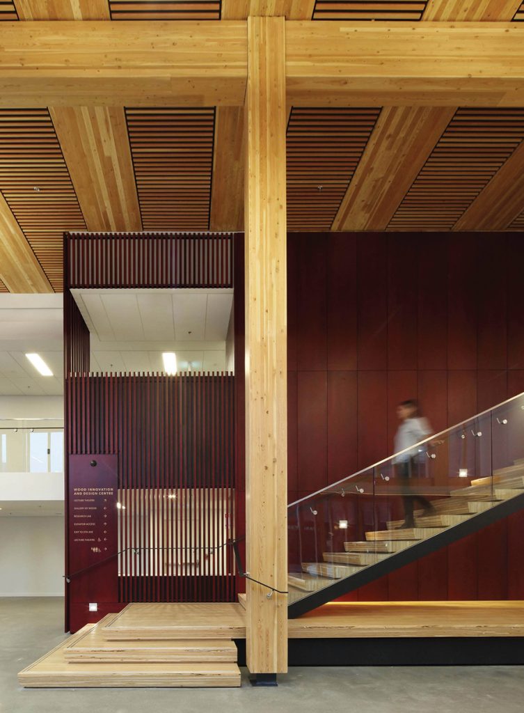 An all-wood approach to construction was used above the ground floor slab, including the panelized ceiling system, and an elevator core and exit stairs made from CLT.